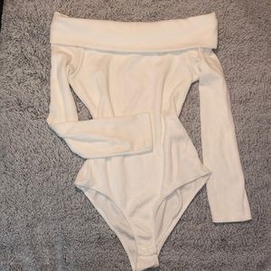 White off the shoulder onesie sweater